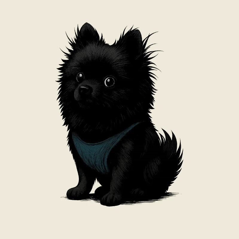 Schwarzer Spitz Hund mit blauer Weste