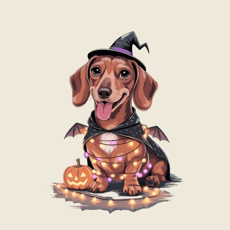 Gruseliger Halloween-Dackel mit Zaubererhut