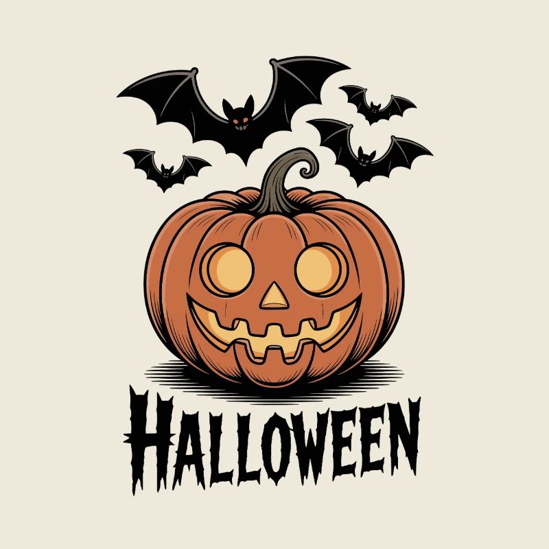 Spooky Halloween pumpkin motif with bats