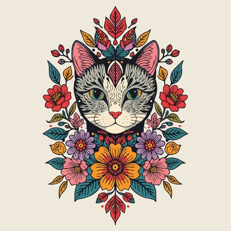 Tête de chat dans une couronne de fleurs