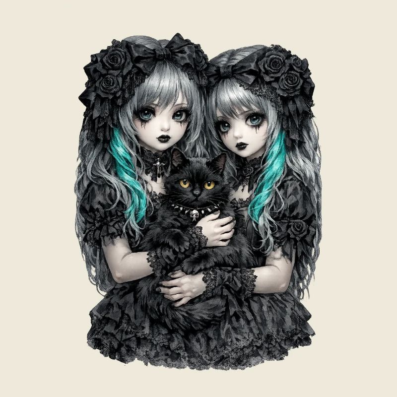 Gothic twins and black cat