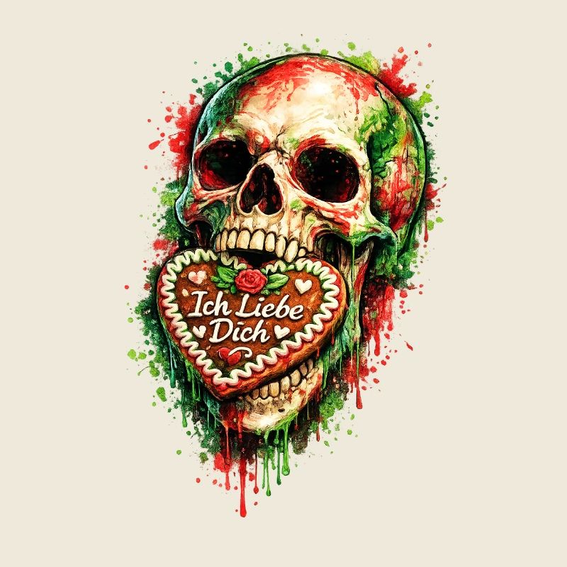 Skull biting into gingerbread heart. AI generated