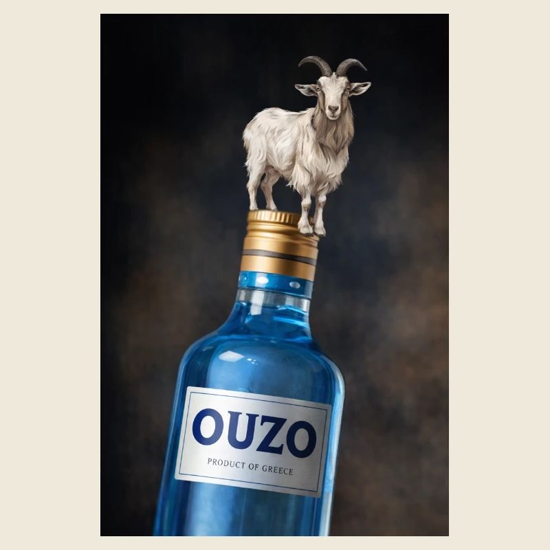 Acrobate de chèvre sur une bouteille d’ouzo