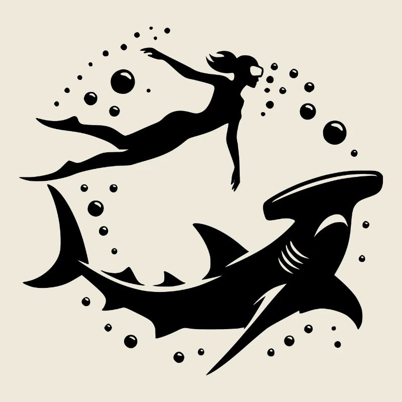 Hammerhead shark and diver floating underwater