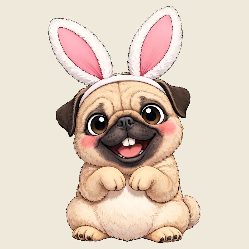 Cute Pug Dog with Bunny Ears Easter Cartoon