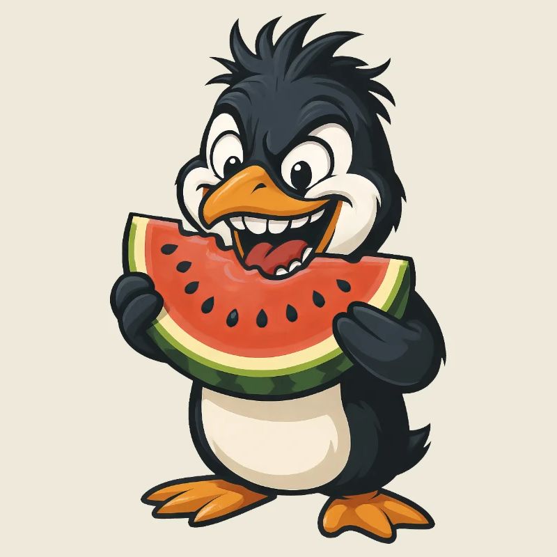 pingouin drôle avec melon fruit d’été dessin animé