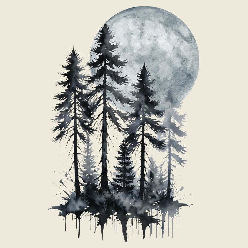 Mondschein Wald Aquarell Silhouette