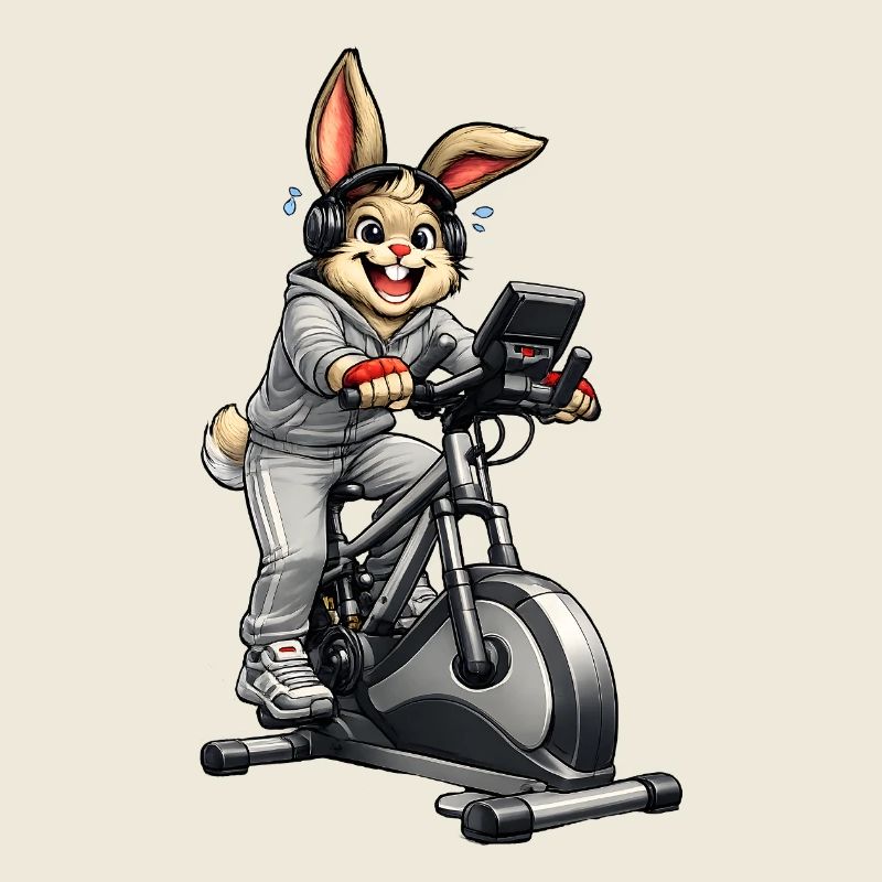 Hase auf dem Heimtrainer mit Kopfhörern