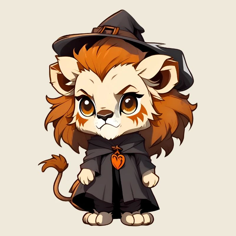 Lion d’Halloween mignon avec chapeau de sorcière.