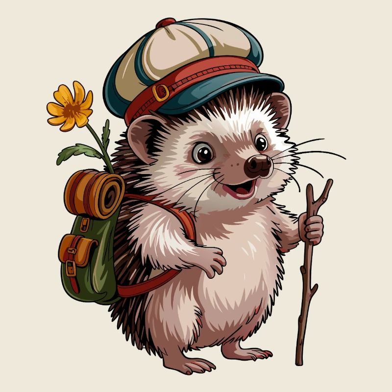 Igel mit Rucksack auf Wanderschaft