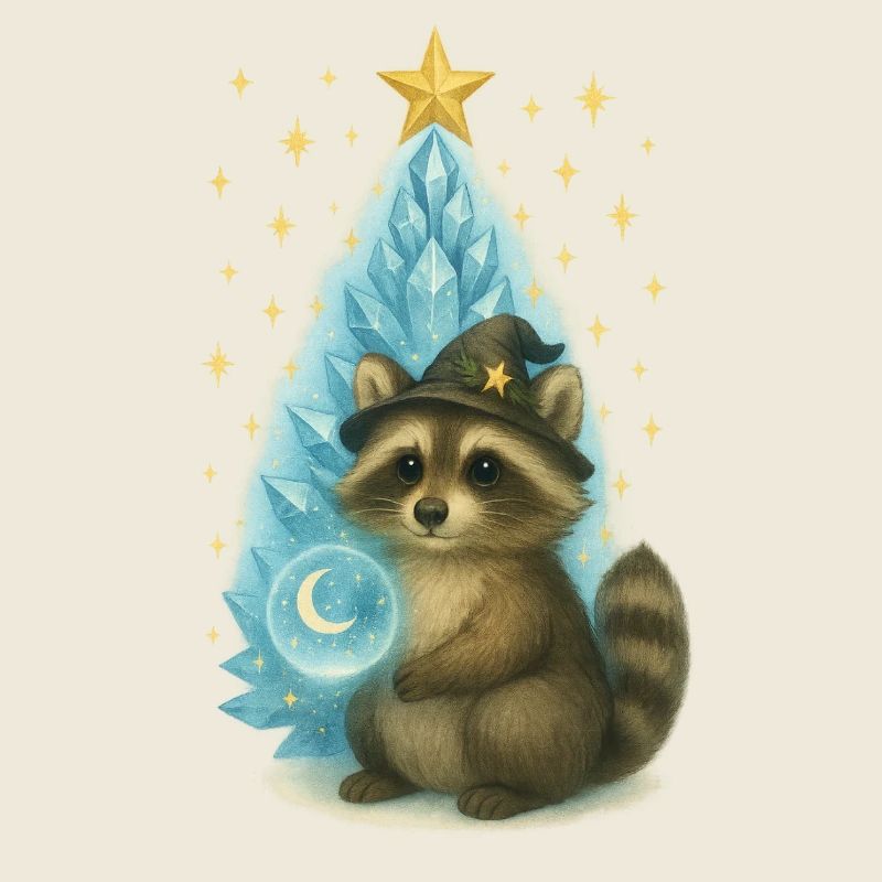 Raton laveur magique devant le sapin de Noël