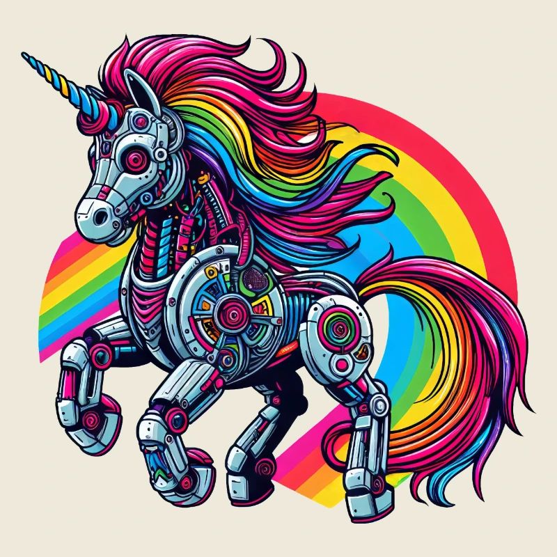 Licorne cyborg avec arc-en-ciel