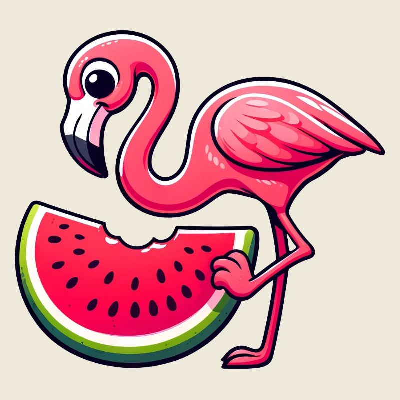Flamant rose mignon avec un style de dessin animé de pastèque