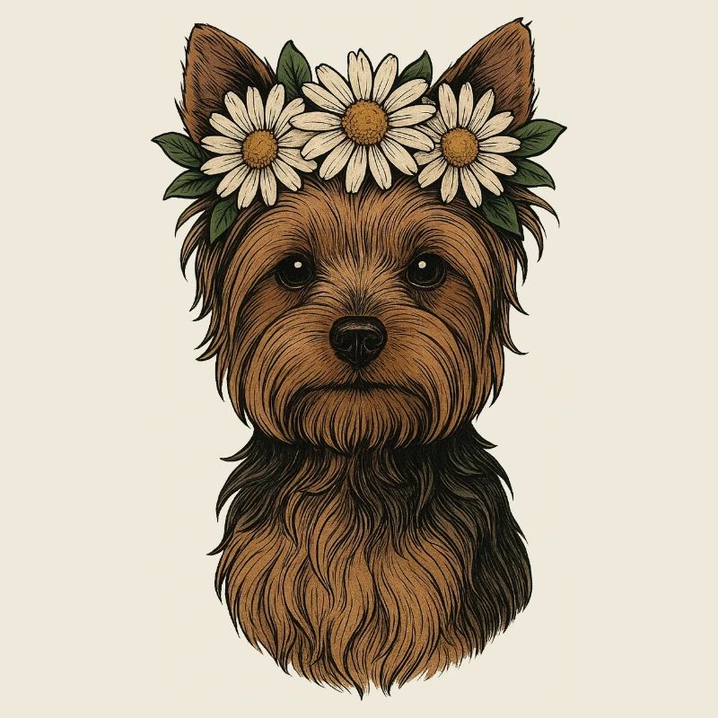 Yorkshire Terrier mit Gänseblümchenkrone