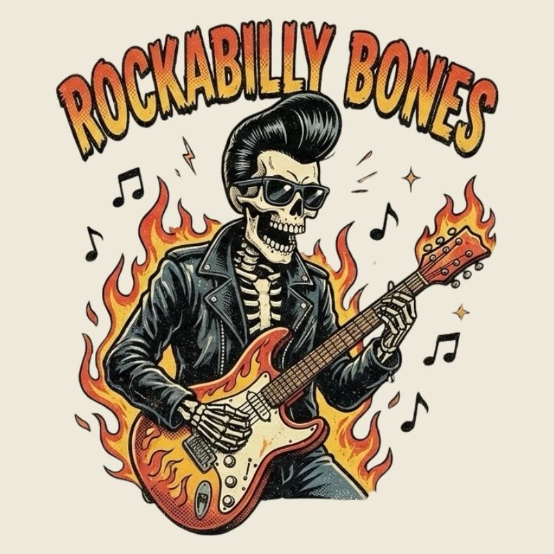 Rockabilly Bones – Retro Comic Skelett mit brennen