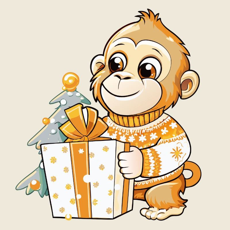 Cute monkey unwrapping gift