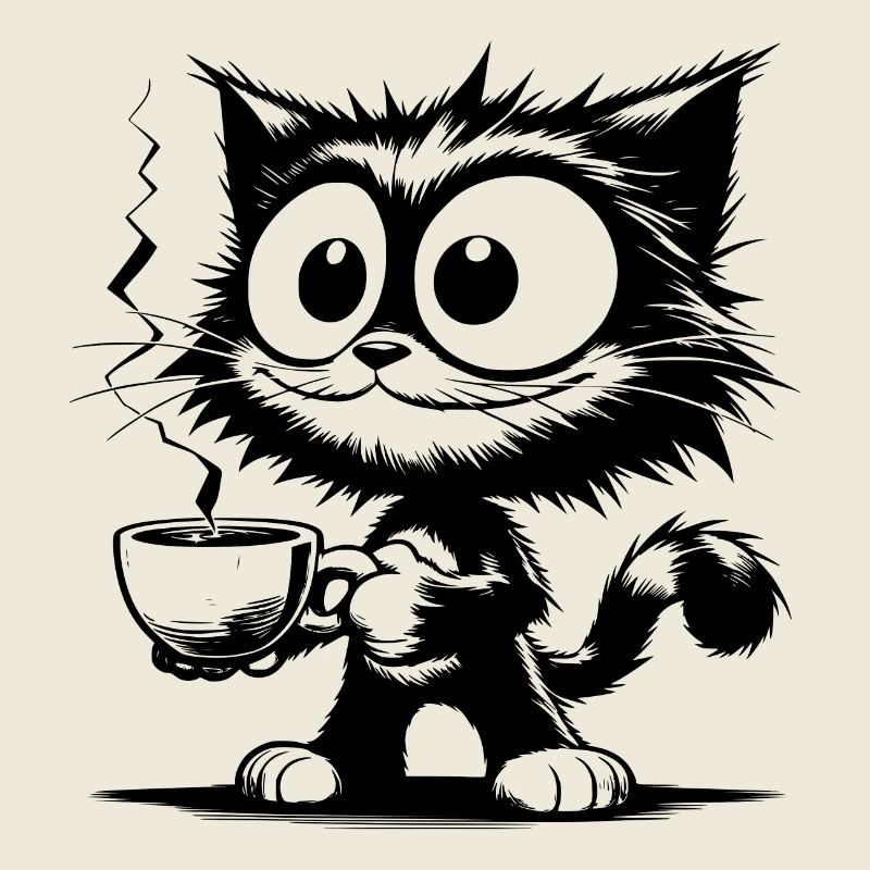 Cat Grinning with Hot Coffee Mug
