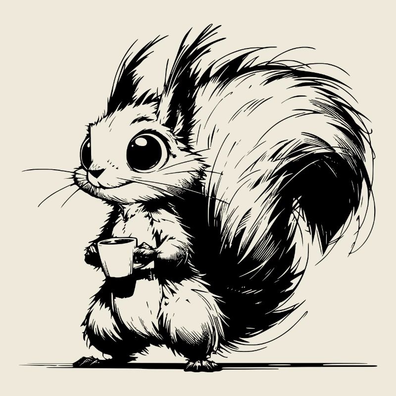 Funny Kids Squirrel with Coffee Sketch