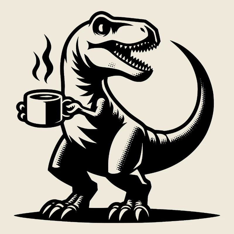 Grim morning grouch dino with coffee cup