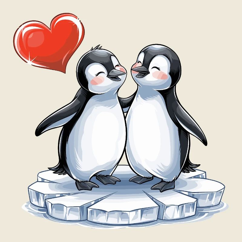 Comic Style Penguin In Couple In Love