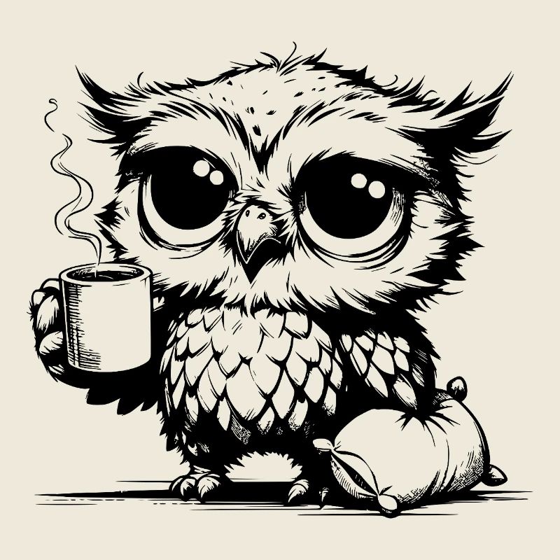 Verschlafene Eule die Kaffee zur Pflicht erklärt