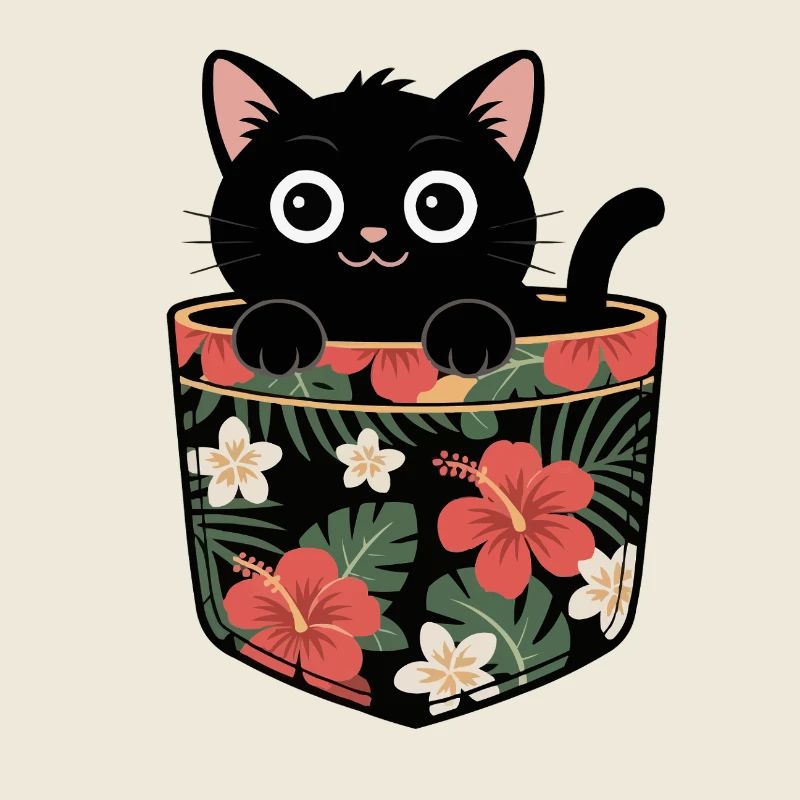 Chat noir mignon dans un design de poche tropicale