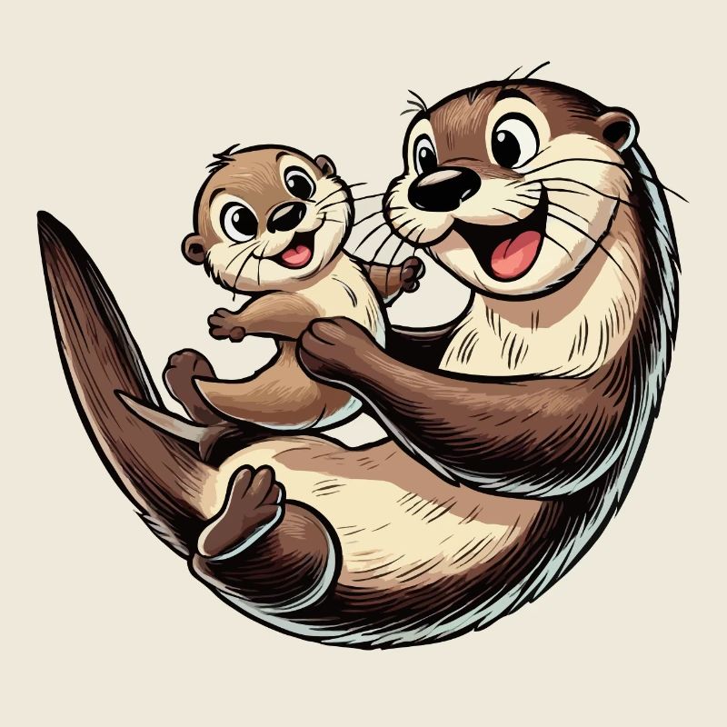 Fischotter-Mutter mit herumtollendem Kind