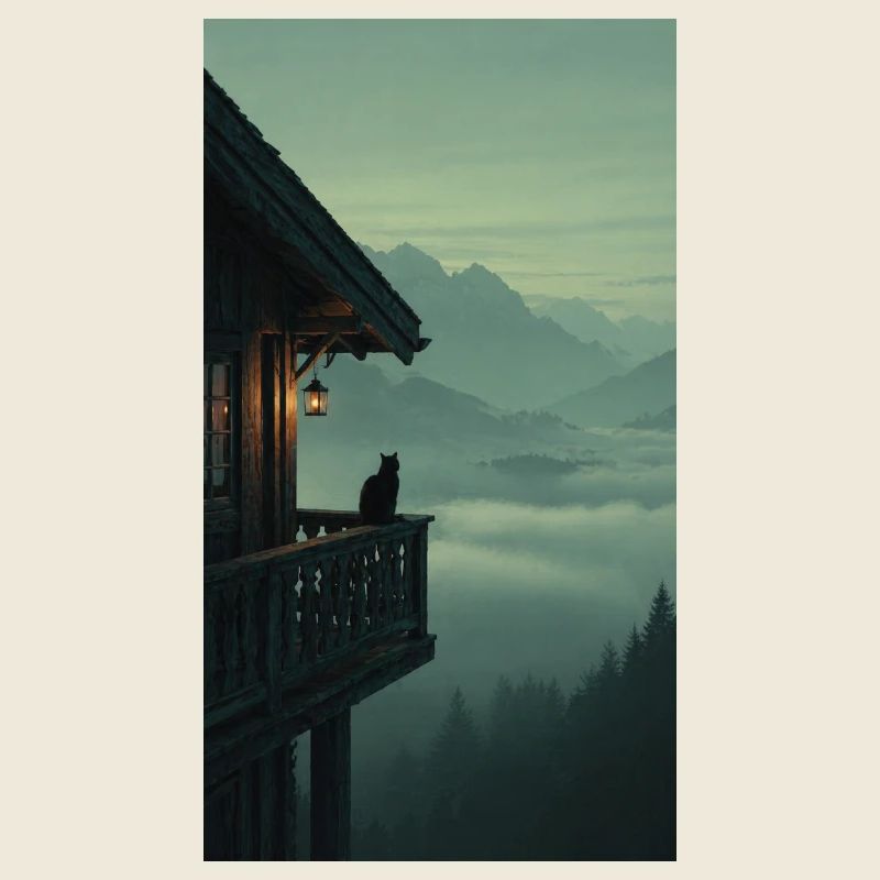 Black Cat on Mountain Balcony – Asian Zen Design