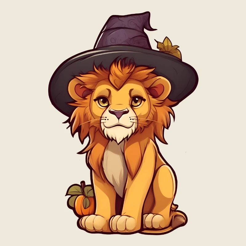 Lion d’Halloween mignon avec chapeau de sorcière.
