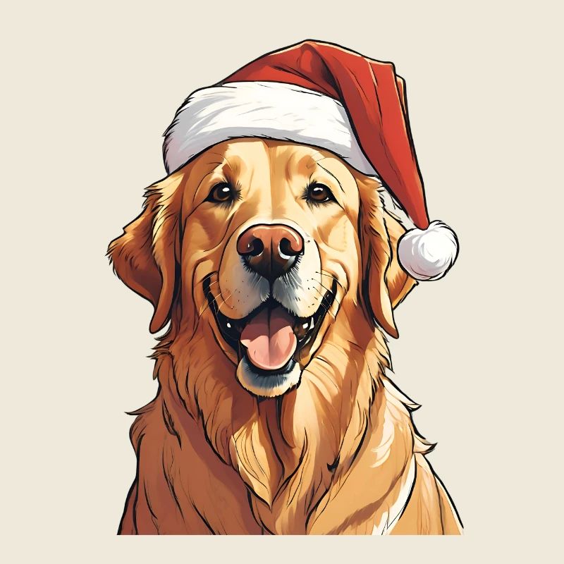 Golden retriever wears a Santa hat