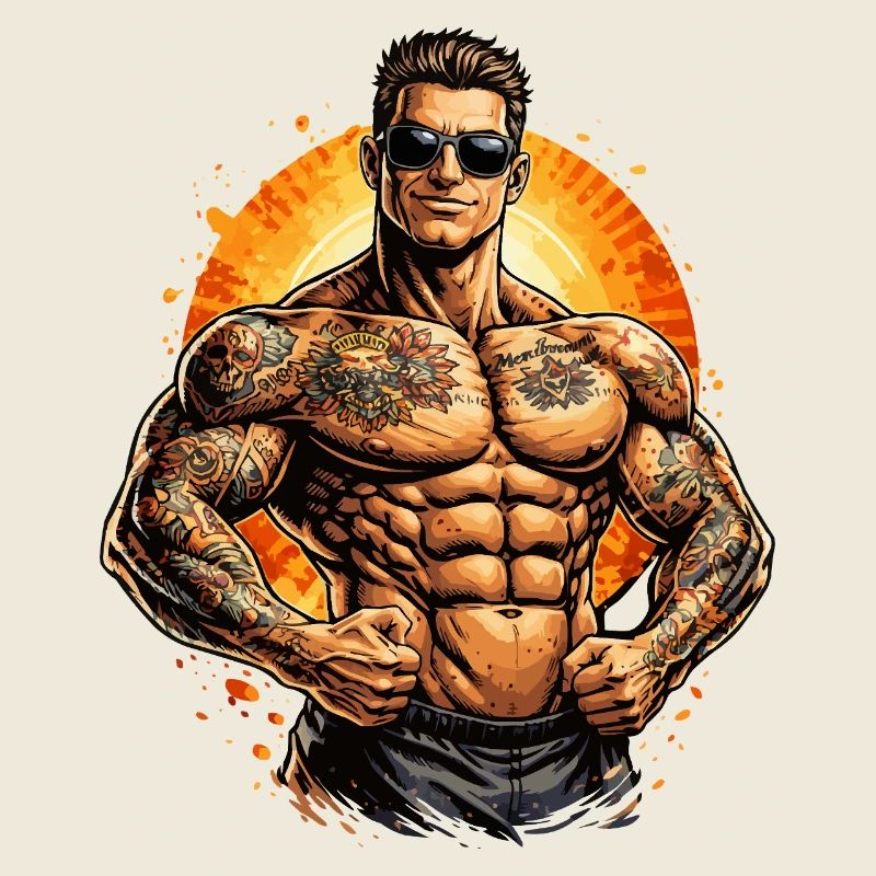 Tattoo muscle man in the sun fire