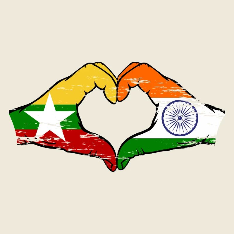 Myanmar Inde drapeau mains forme de coeur utilisé