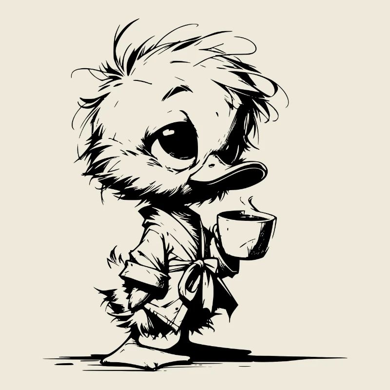 Aufgewecktes verschlafenes Entchen im Bademantel