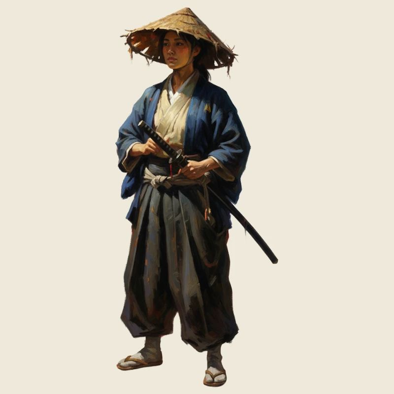 samurai warrior with straw hat realistic