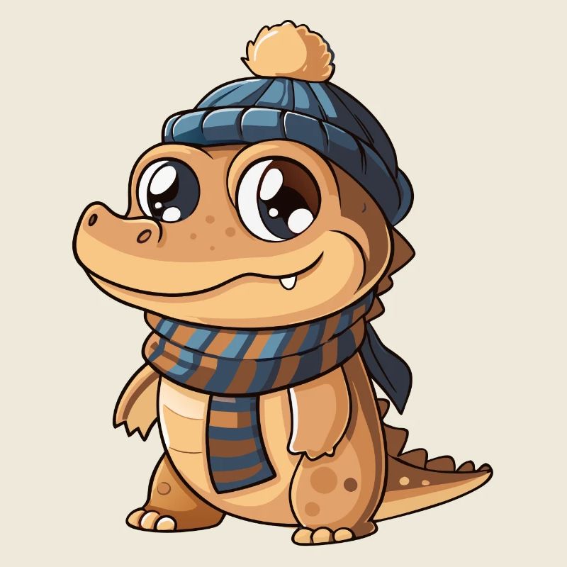 Crocodile mignon avec écharpe et chapeau à pompon.