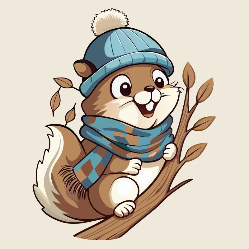 Écureuil mignon avec écharpe et chapeau à pompon.