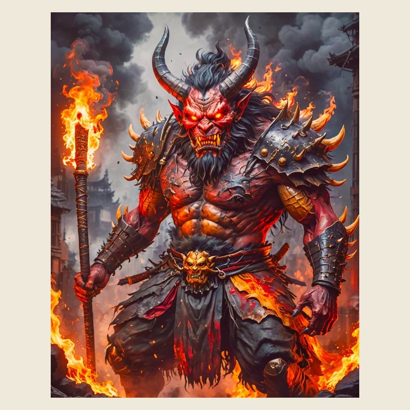 Grimmiger rothäutiger Oni schwingt eiserne Keule inmitten von