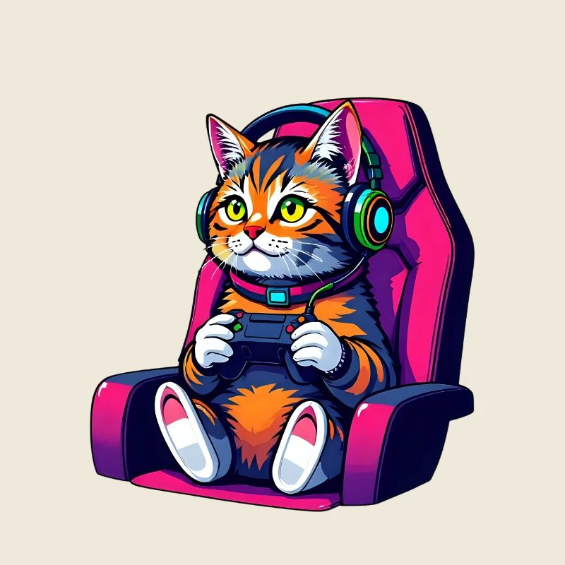 Retro Gamer Cat with Headset and Controller