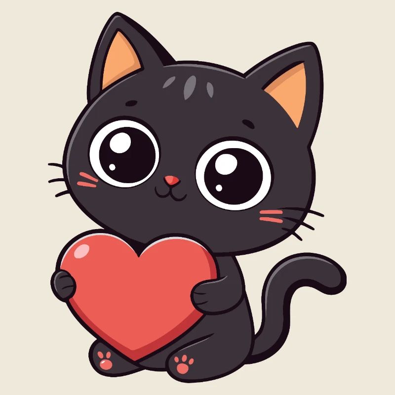 Kawaii black cat holding a red heart