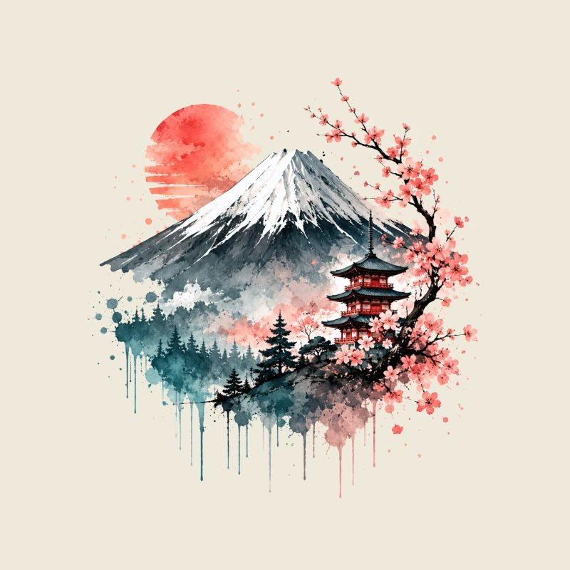 Aquarelle de la pagode Fuji Sakura