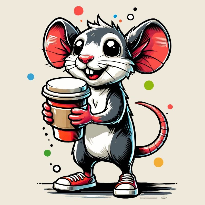 Cartoon of a cheerful mouse with coffee