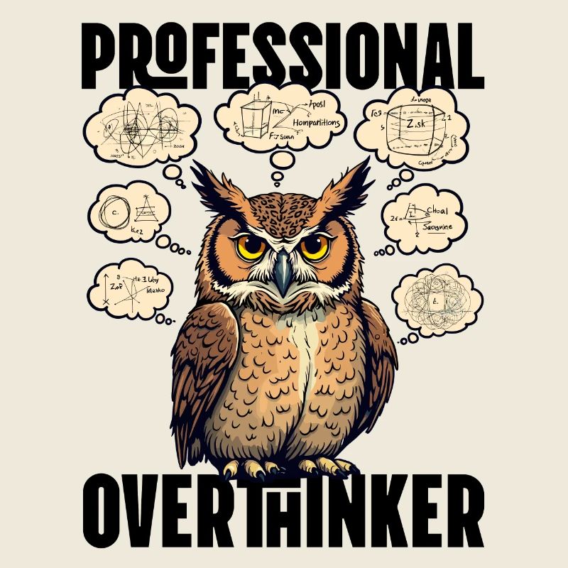 Professional Overthinker – Eule mit Gedankenblasen