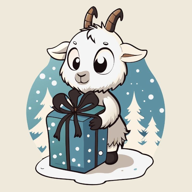 Cute goat unwrapping gift