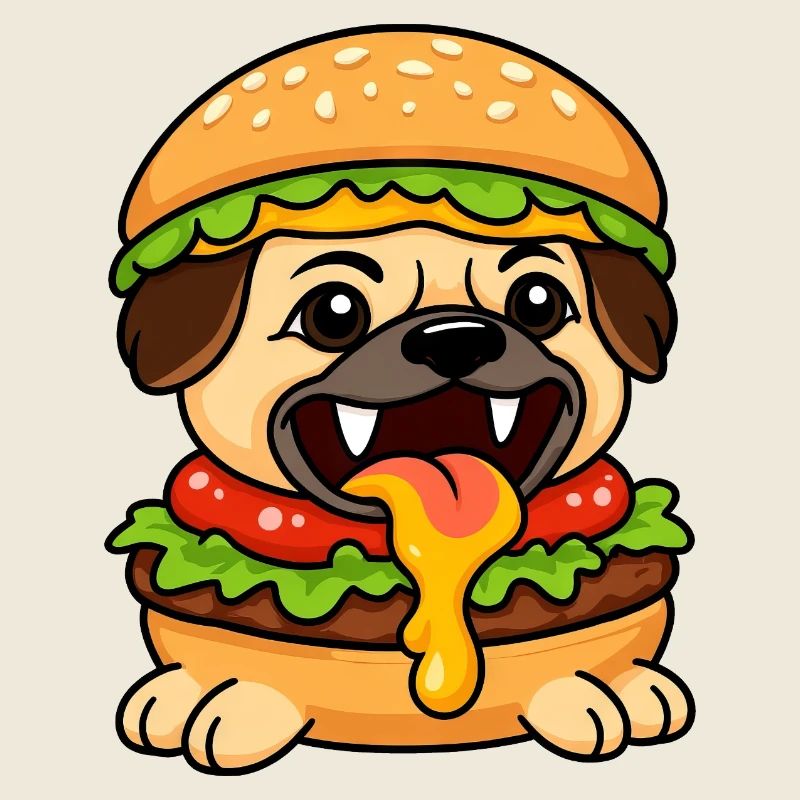 Lustiger Mops mit Burger Cheeseburger Fast Food