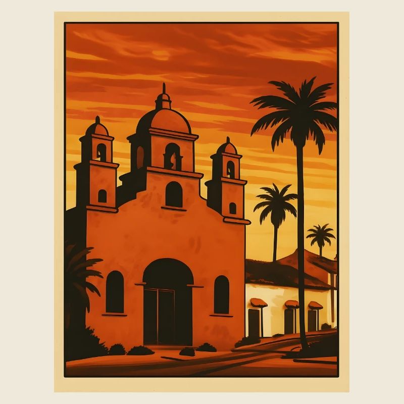 Sunset, church, palm trees and beach