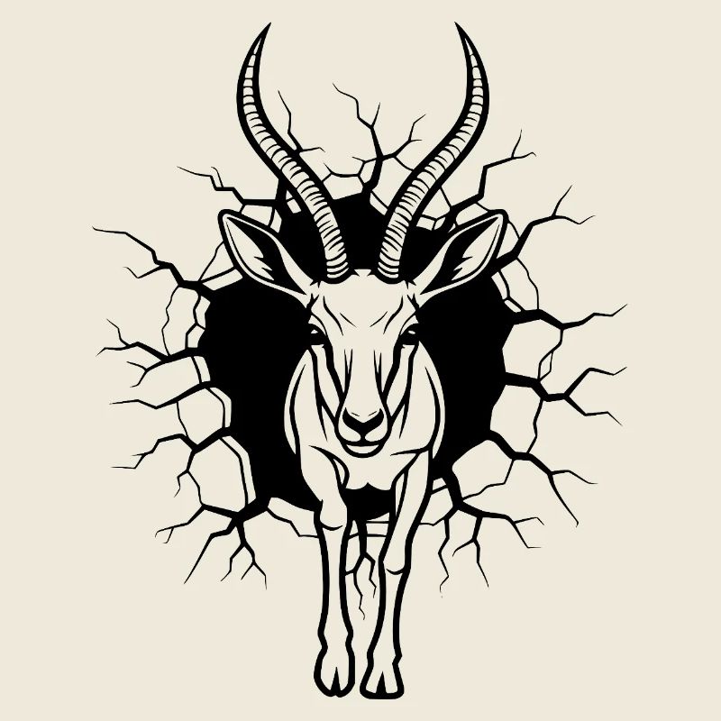 Antelope Wall Breakthrough Black White Illustration
