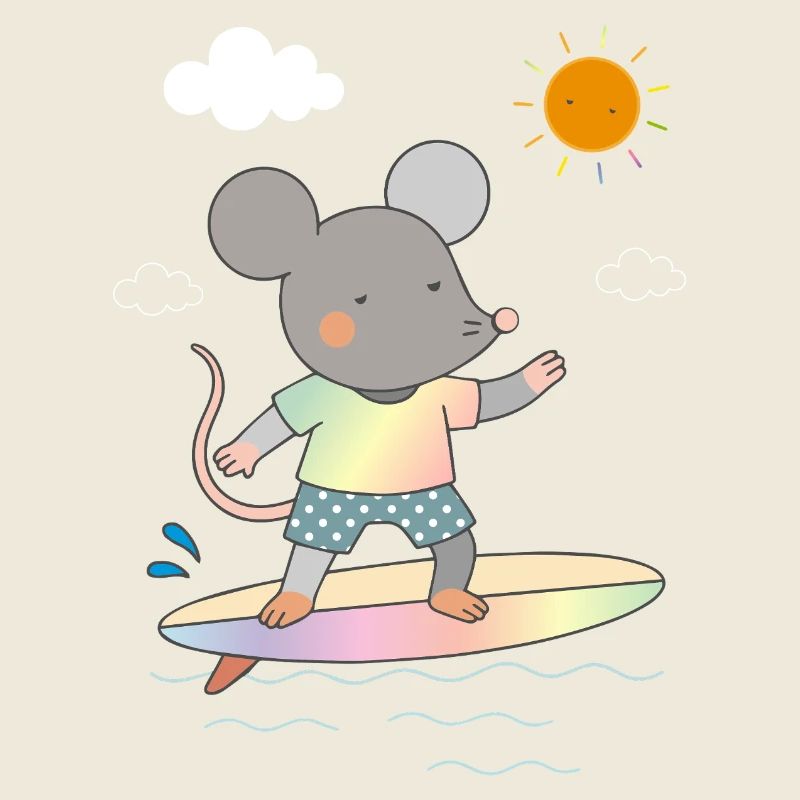 Surfing mouse on colorful surfboard under the sun