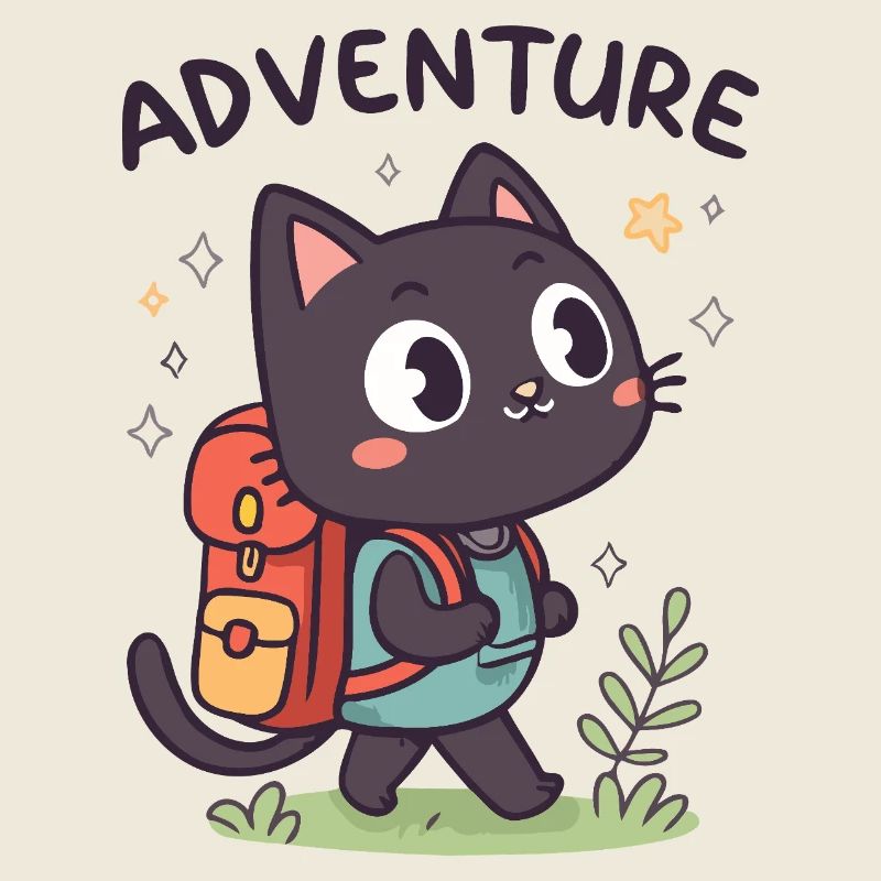 Adventurous Black Cat with Backpack