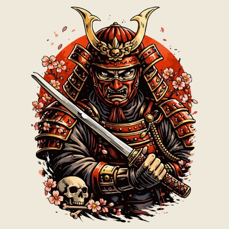 Samurai with cherry blossoms and skull