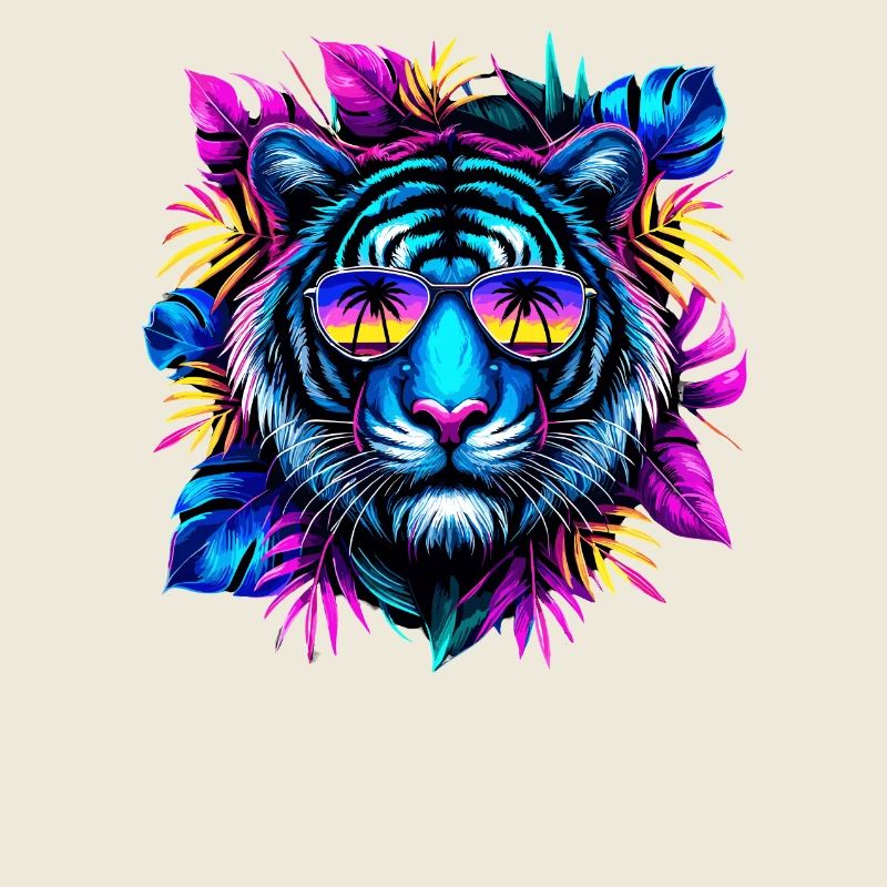 Neon tiger with sunglasses and tropical